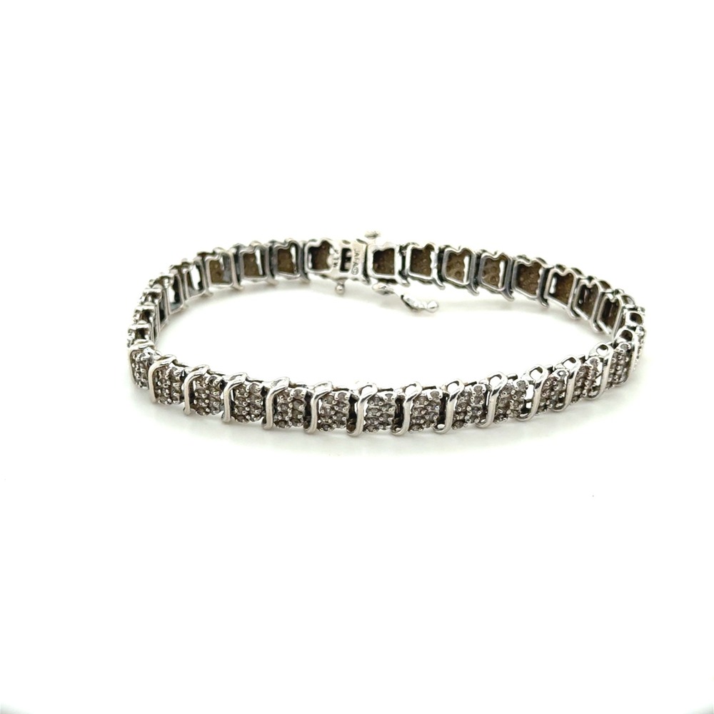 10k White Gold Real Diamond‎ S-Link Tennis Bracelet 7.5" 11.8g